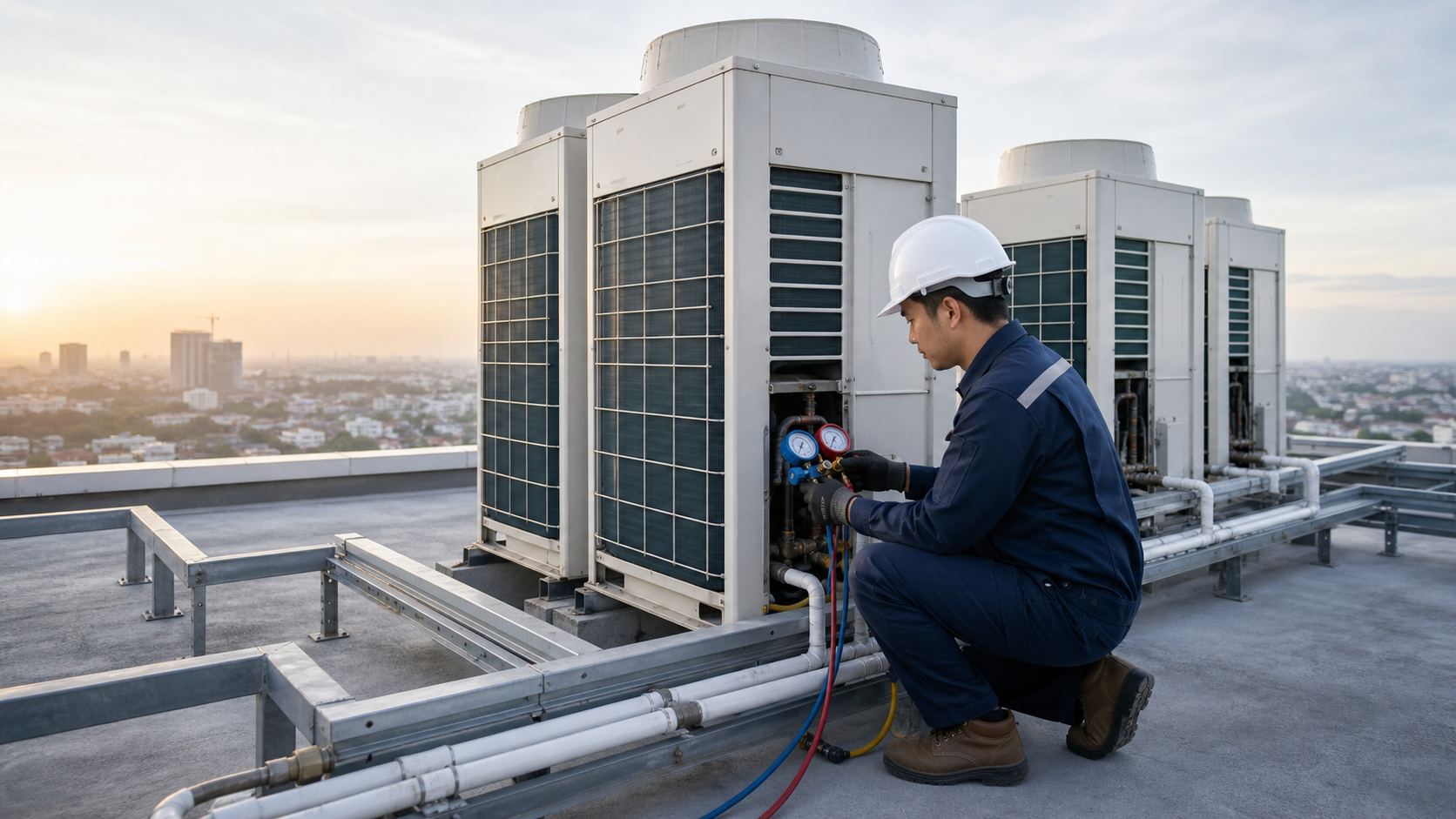 Sistem VRV dan outdoor AC komersial di rooftop gedung